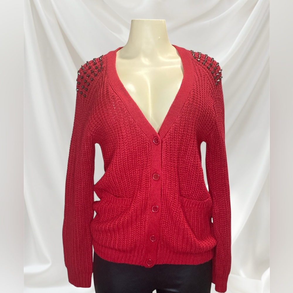 Red Knit Sweater with Studded Shoulders